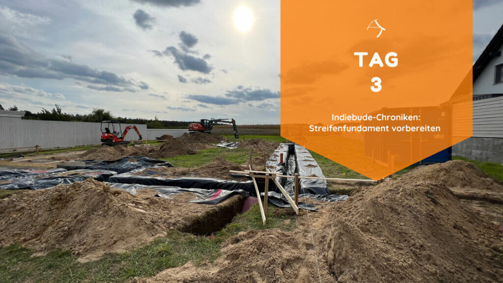 Am Tag 3 wird der Graben für das Streifenfundament vorbereitet. Im Hintergrund sind Radbagger, Fundamentegrube. Dreiecksböcke und Schnurgerüst.